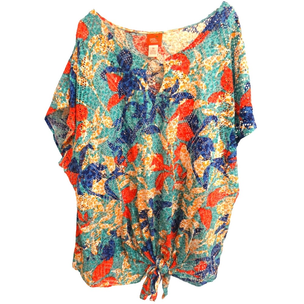 Hearts of Palm Woman 3X Tropical Print Lace Tie Front Cover‎ Up Top